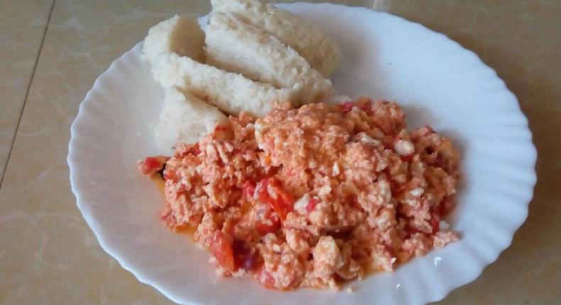 A meal of ugali and eggs
