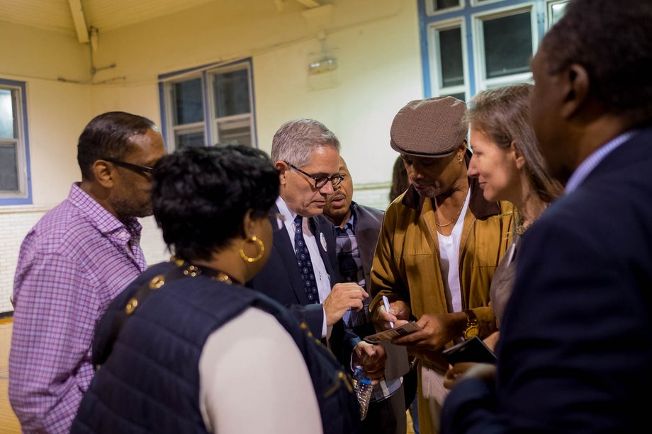 Krasner talks to community members after a candidate forum at at the Kingsessing Recreation Center in Southwest Philadelphia.