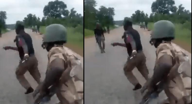 Angry Nigerian soldiers chase, beat police officers makes them return bribes to civilians