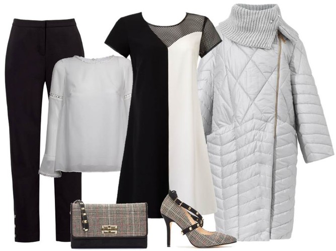 Ubrania w kratę: bluzka – Midori Feminine Fashion/midori.pl, spodnie – Cotton Club/cottonclub.pl, sukienka – Trynite/trynite.pl, puchowy płaszcz – Bastet/bastetfashion.pl, torebka – Menbur/menbur.pl, szpilki – Menbur/menbur.pl