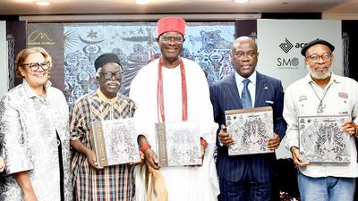 L-R: Sandra Mbanefo Obiago, Founder & Artistic Director, SMO Contemporary Art, and Access Bank Art Curator; Bruce Onobrakpeya, iconic painter, and sculptor; Igwe Nnaemeka Achebe, Obi of Onitsha & Founder, Chimedie Museum; Herbert Wigwe, Group Chief Executive Officer, Access Holdings PLC, and Olisa Nwadiogbu, painter and sculptor, at the formal launch of ‘A King's Passion: A 21st-Century Patron of African Art’ in Lagos, recently.