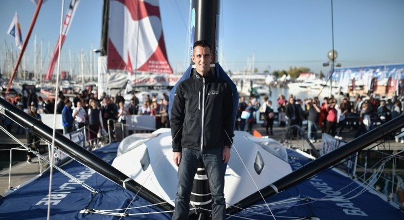 French skipper Armel Le Cleac'h poses aboard his class Imoca monohull 'Banque Populaire', ahead of the Vendee Globe solo round-the-world yachting race, on October 31, 2016