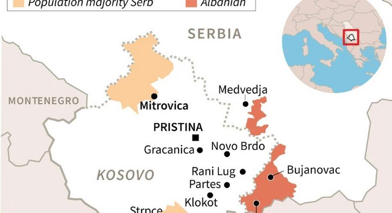 Map showing the border between Serbia and Kosovo and zones with a majority population of Serbs or Albanians.