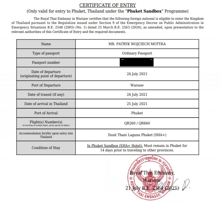 Tak wygląda certyfikat wjazdu do Tajlandii 