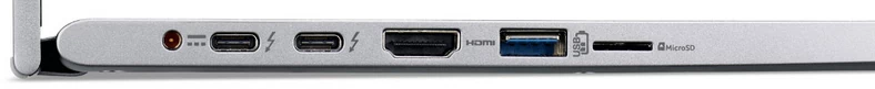 Łącza po lewej stronie: zasilacz, dwa USB-C z Thunderbolt 4, HDMI, USB-A z funkcją ładowania i gniazdo na karty microSD