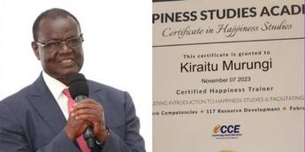 A collage image of Kiraitu Murungi and his certificate in Happiness Studies
