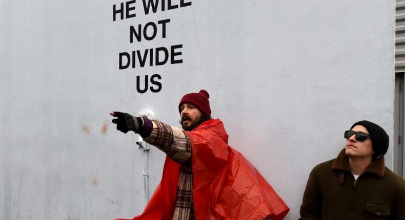 US actor Shia LaBeouf during his He Will Not Divide US anti-Trump livestream project outside New York's Museum of the Moving Image