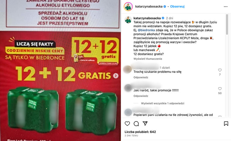 Katarzyna Bosacka krytykuje promocję piwa w markecie