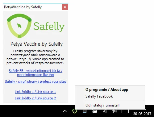 Petya Vaccine nie wymaga żadnej konfiguracji, a jedyną czynnością po stronie użytkownika jest uruchomienie programu po pobraniu
