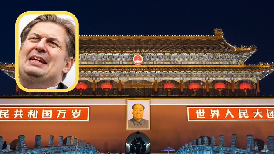 Europoseł Maximilian Krah oraz Brama Tiananmen w Pekinie