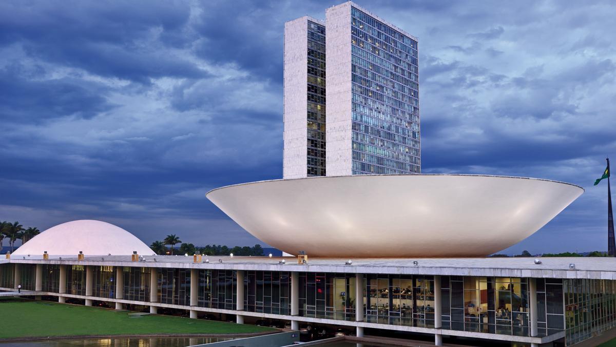 Brazil, Brasilia: National Congress by Oscar Niemeyer at dawn