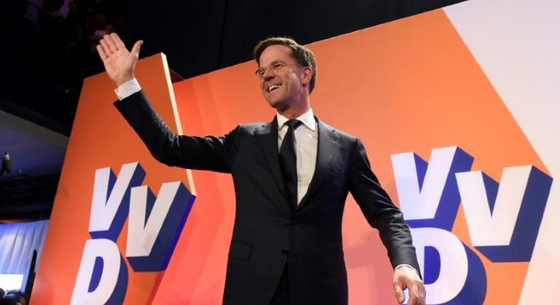 Netherlands' prime minister and VVD party leader Mark Rutte celebrates after winning the general elections