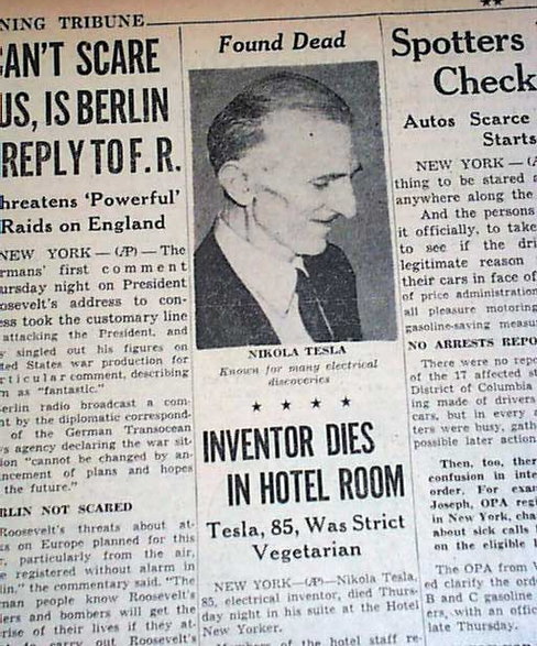 Tesla zmarł 7 stycznia 1943 r.