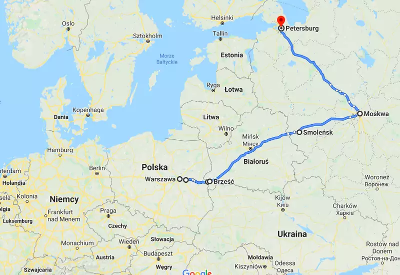 Warszawa -&gt; Terespol -&gt; Brześć -&gt; Moskwa -&gt; Petersburg (ok. 2300 km)