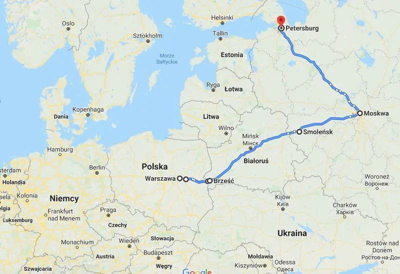 Warszawa -&gt; Terespol -&gt; Brześć -&gt; Moskwa -&gt; Petersburg (ok. 2300 km)