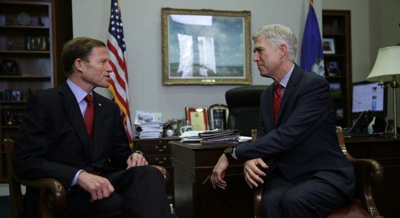 US Supreme Court nominee Judge Neil Gorsuch (R) meets with Senator Richard Blumenthal on February 8, 2017