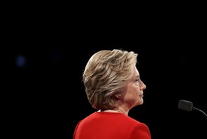 Democratic U.S. presidential nominee Hillary Clinton pauses during the first presidential debate wit