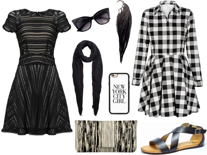 Sukienka w kratę- Mosquito/mosquito.pl, sukienka czarna – Cristina Effe/ cristinaeffe.com,  torebka - antbag by ania/antbags.pl, buty - Caprice/caprice.pl, dodatki- TK Maxx/tkmaxx.com