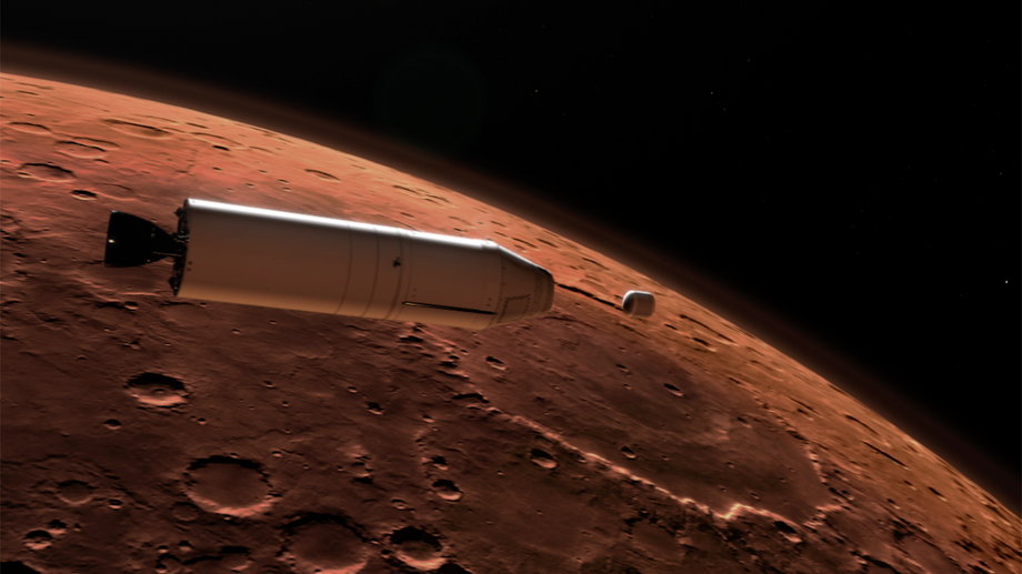 Ilustracja przedstawia koncepcję rakiety (po lewej) uwalniającej pojemnik z próbką (po prawej) wysoko nad powierzchnią Marsa.