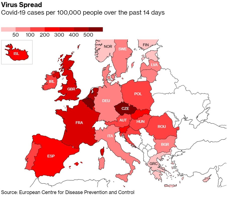 Nowe przypadki COVID-19 na 100 000 osób w ciągu ostatnich 14 dni