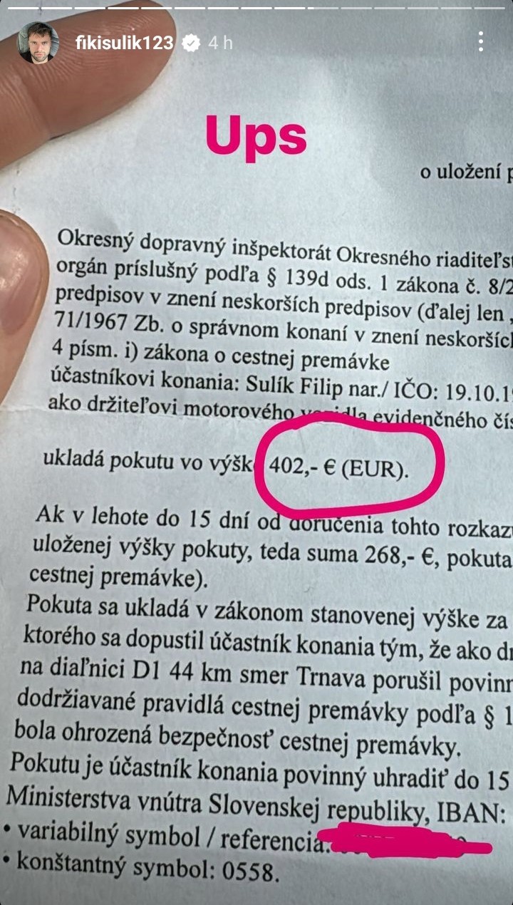 Filip Sulík dostal pokutu za rýchlosť.