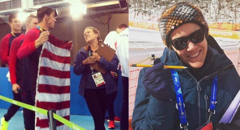 Left: Sara Hunninghake with Olympic swimmer Michael Phelps. Right: Hunninghake at the Pyeongchang Winter Olympics in 2018.
