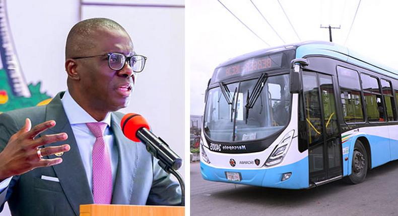 A photo combination of Lagos State Governor Babajide Sanwo-Olu and a BRT bus. [ChannelsTV]