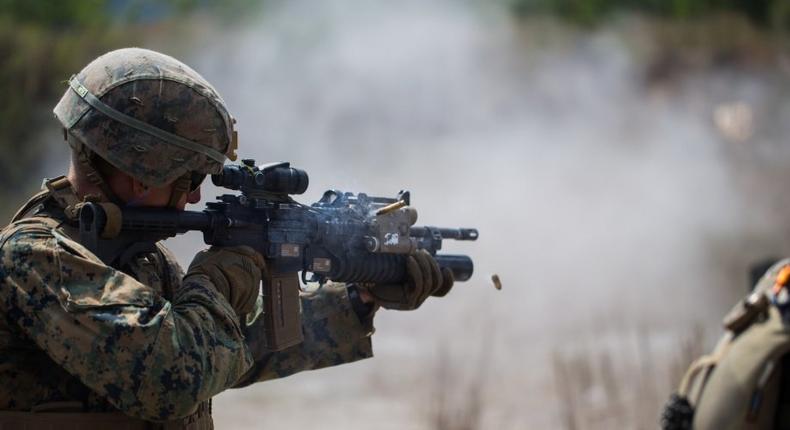 U.S. Marine Lance Cpl. Hunter Bell, a rifleman with 3rd Battalion, 6th Marine Regiment, engages his objective on a live-fire range at Colonel Ernesto Ravina Air Base, Philippines, April 6, 2019.