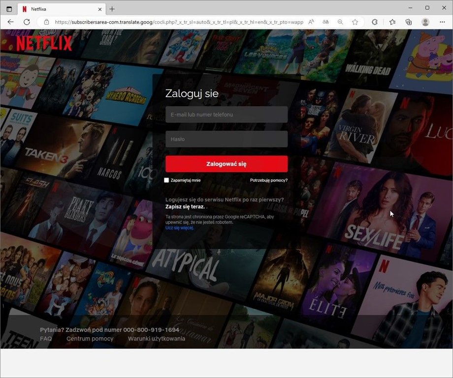 Strona phishingowa podszywająca się pod Netflix.