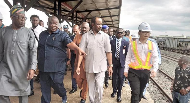 Minister of Transportation Senator Saidu Alkali (3rd from left) inspecting the nearly completed Port Harcourt to Aba railway line in Port Harcourt on Friday  [NAN]