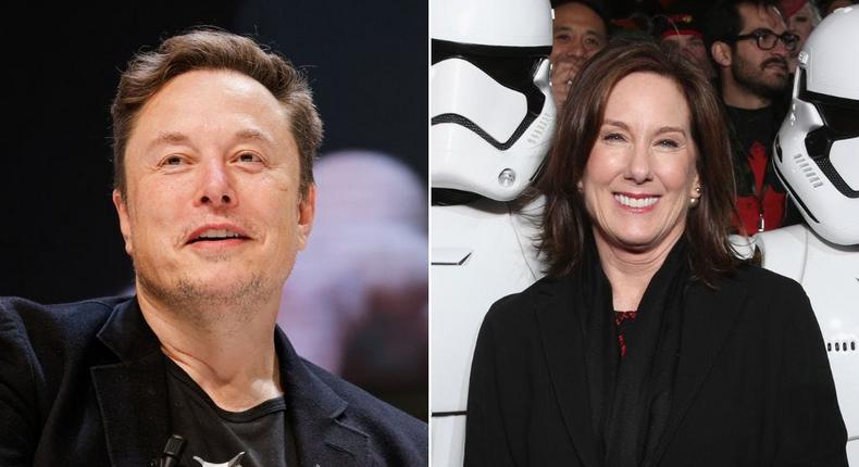 Elon Musk (left) and Lucasfilm President Kathleen Kennedy (right).Richard Bord/WireImage via Getty Images; Todd Williamson via Getty Images