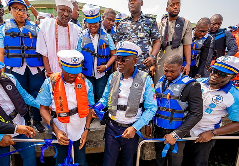 Lagos state Governor, Babajide Sanwo-Olu and his Deputy, Obafemi Hamzat at the inauguration of new ferries. [Twitter/@jidesanwoolu]