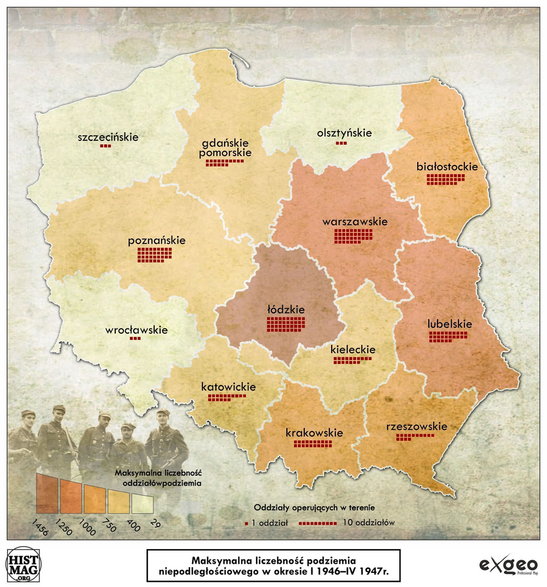 Maksymalna liczebność podziemia niepodległościowego w okresie I 1946 - IV 1947 r. (aut. Marcin Sobiech EXGEO Professional Map)