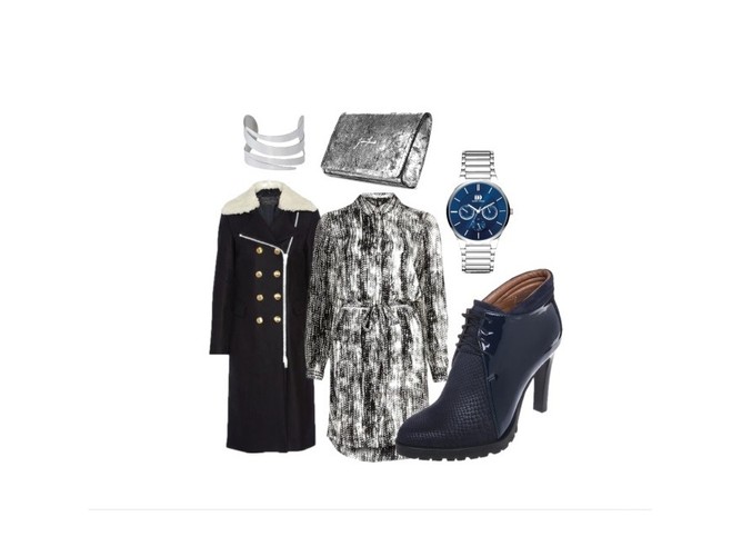 Płaszcz Rag&Bone; sukienka River Island; kopertówka Joanna Kruczek, www.joannakruczek.pl;  buty Nessi, www.nessi.com.pl; bransoletka Venis, www.venis.pl; zegarek Danish Design, classicwatch.com.pl