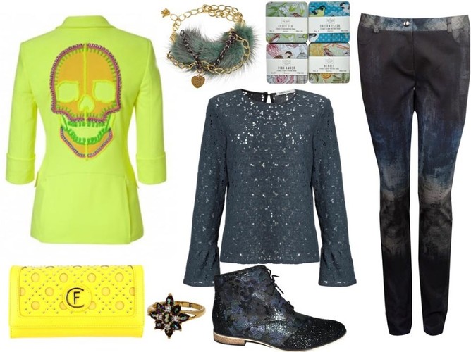 Marynarka – Philips Plein/e-catwalk.pl, naszyjnik – Gena/gena.pl, bluzka – LeMonada/lemonada.eu, spodnie – Rabarbar/rabarbar.com.pl, buty-Follow me/followmebutik, portfel – CristinaEffe/cristinaeffe.com