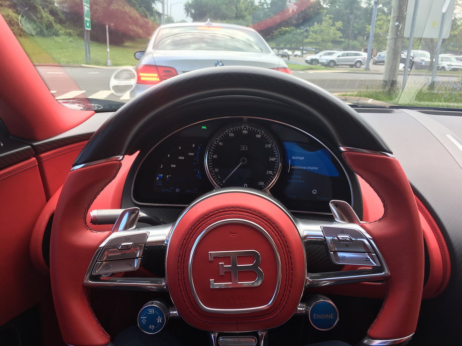 Inside a Bugatti Chiron, whose speedometer tops out at 300 mph.