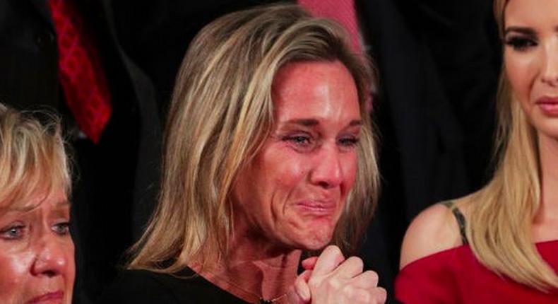 Widow of Fallen Navy Seal, Senior Chief William Owens, Carryn Owens and first lady Melania Trump attend a joint session of the U.S. Congress with U.S. President Donald Trump on February 28, 2017 in the House chamber of the U.S. Capitol in Washington, DC.