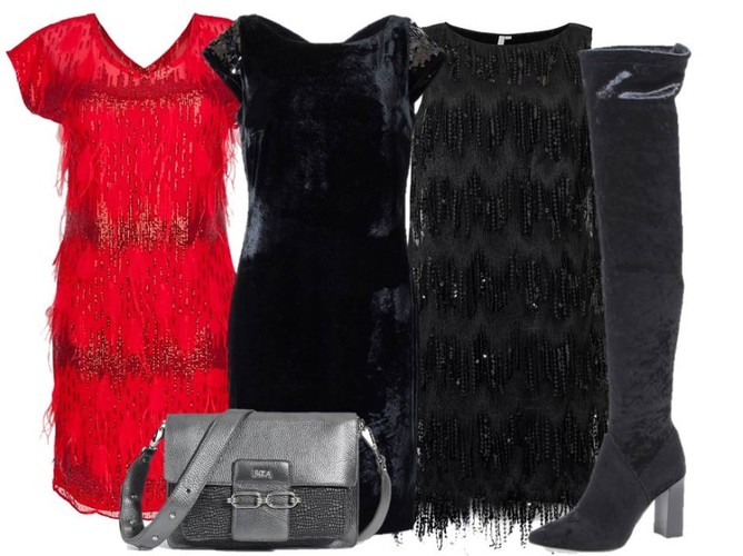STYLIZACJE na andrzejki: Czerwona sukienka- Modern Line/modernline.pl, czarna welurowa sukienka- Midori Feminine Fashion/midori.pl, czarna cekinowa sukienka- Cotton Club/cottonclub.pl, kozaki- Caprice/caprice.pl, torebka- Boca/boca.pl