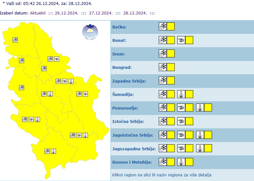 Meteoalarm za subotu, 28. decembar