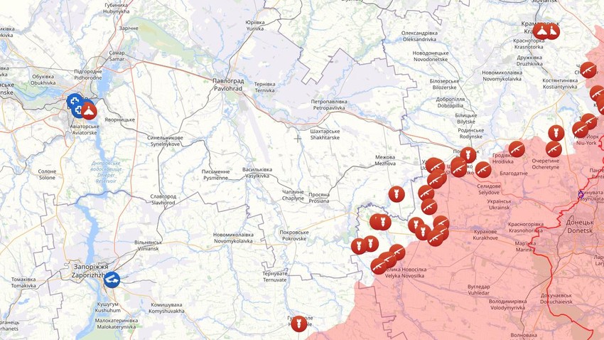 Mapa fronta u Donjeckoj, Zaporoškoj i Dnjepropetrovskoj oblasti, 9. april 2025.