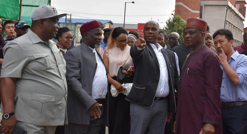 From Left, Chairman Board Of Directors, Nigerian Railway Corporation, Malam Ibrahim Al-Hassan; the Minister of Transportation, Rotimi Amaechi; Minister of State for Transportation, Gbemi Saraki and the Director-General, Bureau of Public Procurement, Malam Mamman Ahmadu, during inspection of Lagos-Ibadan Standard Rail Guage in Lagos on Monday (23/09/019). -- NAN