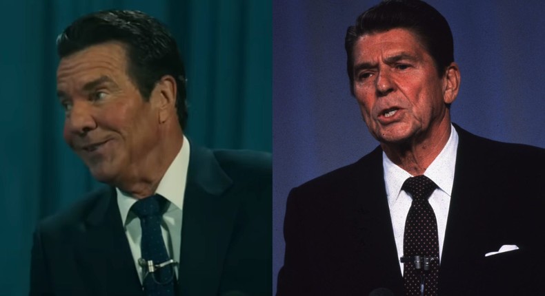 Dennis Quaid (left) portrays President Ronald Reagan in Reagan.Showbiz Direct ; Hulton Archive/Getty Images