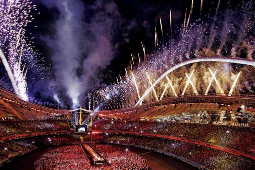 Fireworks explode over the Olympic Stadi