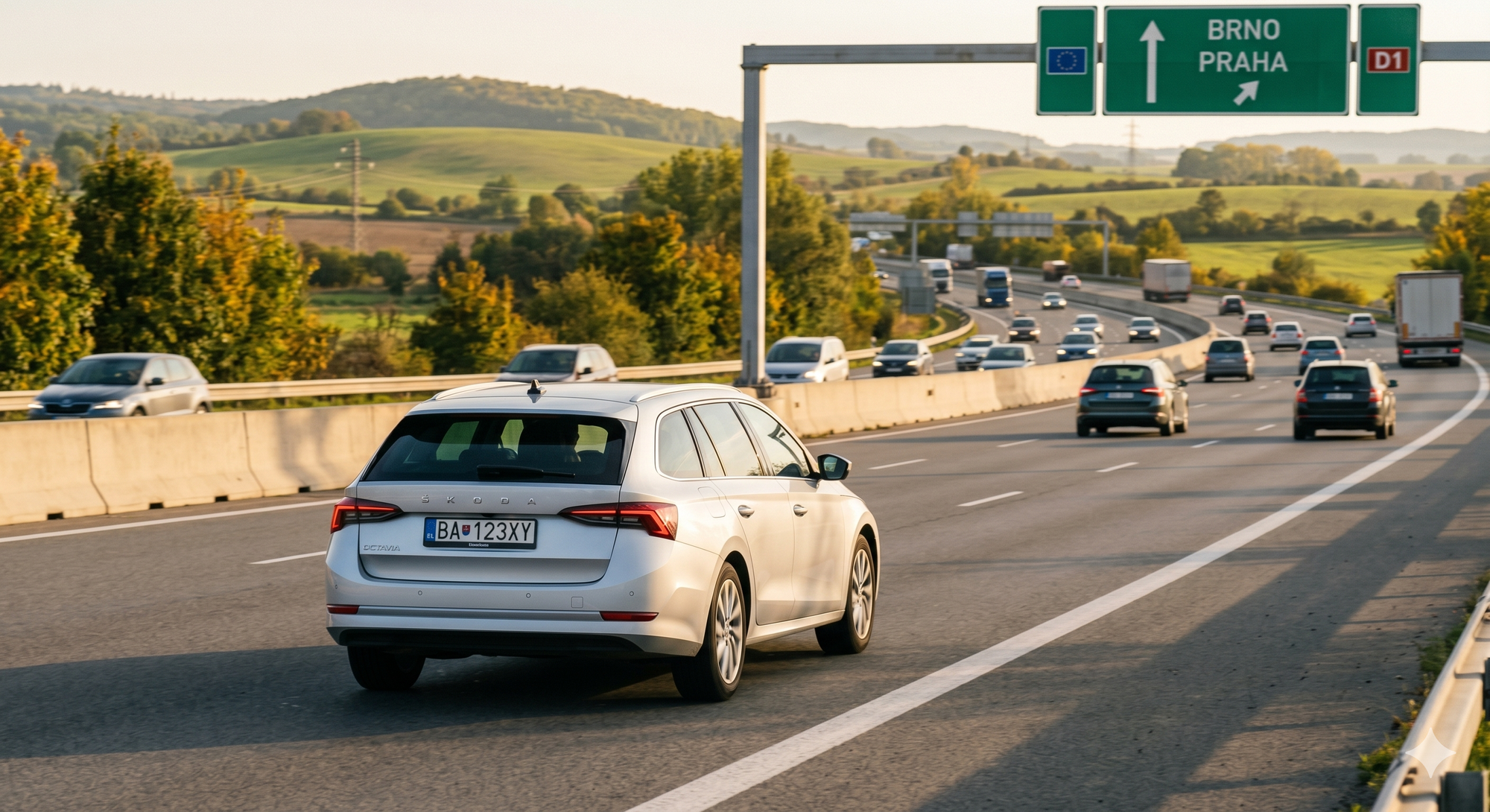 Auto zo slovenskou&nbsp;EVČ&nbsp;na českej diaľnici D1 – symbol každodenných ciest. 