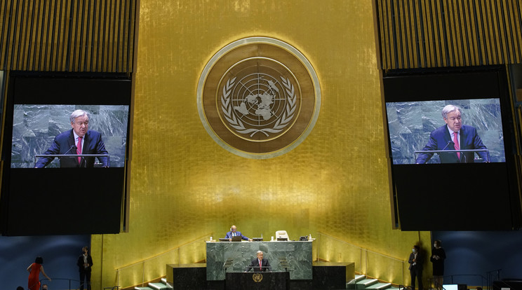 António Guterres, az Egyesült Nemzetek Szervezetének (ENSZ) főtitkára felszólal az ENSZ Közgyűlés 76. ülésszakán, a világszervezet New York-i székházában 2021. szeptember 21-én / Fotó: MTI/AP/Reuters/Eduardo Munoz