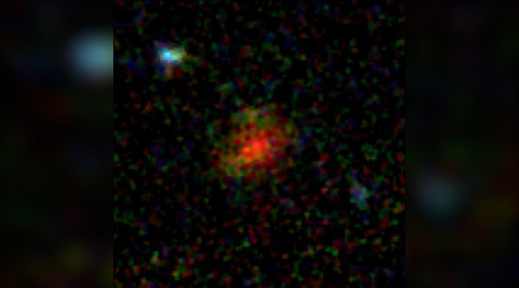 Az AzTECC71 galaxist felfedező csillagászok szerint ez a dolog egy igazi szörnyeteg. Bár egy kis pacának tűnik, valójában évente több száz új csillagot teremt. Lehetséges, hogy egy egész galaxispopulációról van szó, amely eddig rejtőzködött előlünk. / Fotó: J. McKinney/M. Franco/C. Casey/University of Texas at Austin/JWST