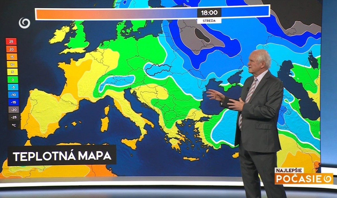Teplotná mapa meteorológa Petra Jurčoviča v relácii Najlepšie počasie na TV Joj.