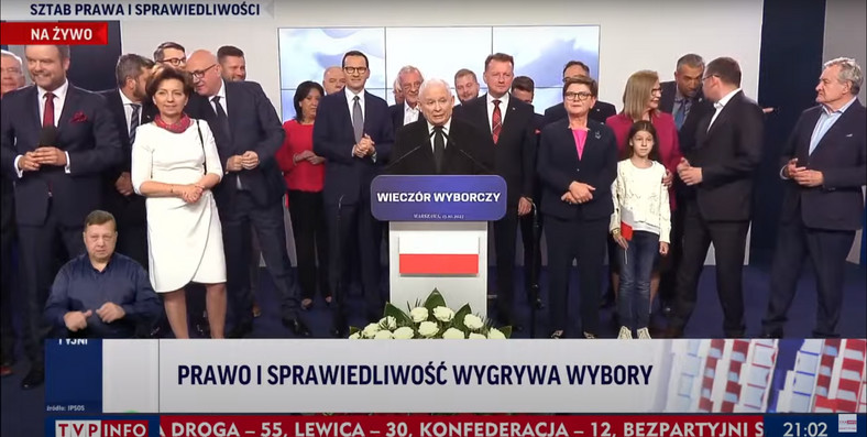 Jarosław Kaczyński przemawiający w sztabie PiS w 2023 r.