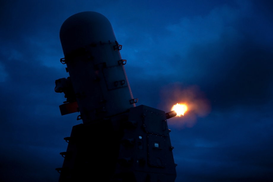 The Phalanx close-in weapons system is fired aboard the Ticonderoga-class guided-missile cruiser USS Cowpens during a weapons test at sea.