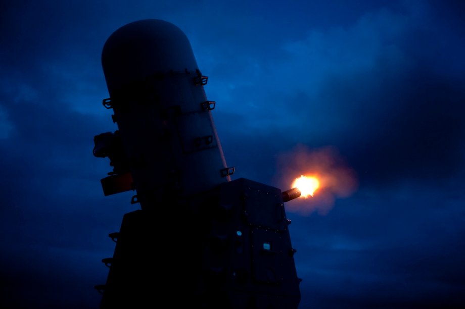 The Phalanx close-in weapons system is fired aboard the Ticonderoga-class guided-missile cruiser USS Cowpens during a weapons test at sea.